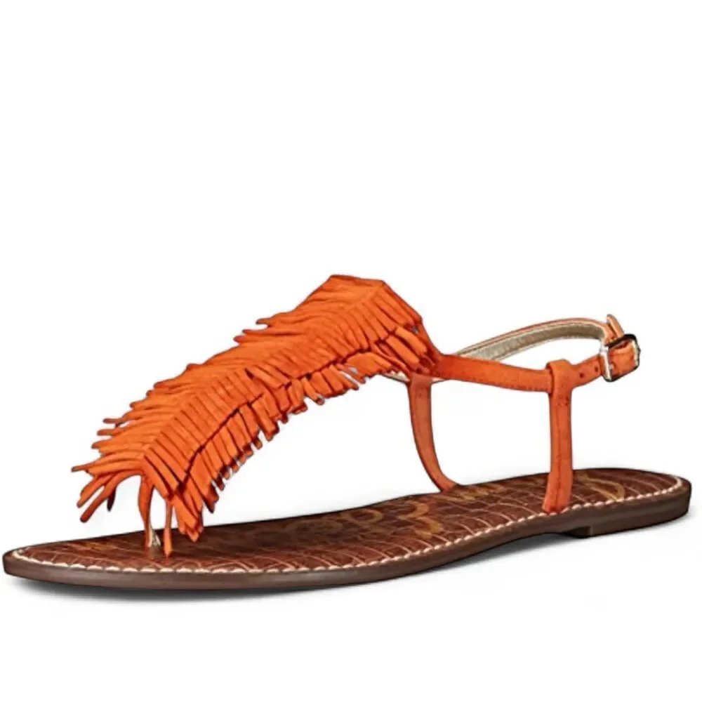 Sam Edelman Gela Fringe Sandals size 8.5M Orange Suede Flat T-Strap Boho Shoes
